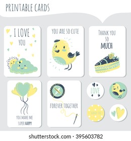 Sweet printable cards with different interesting and cute elements at blue colors