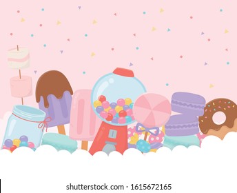 sweet products bubble gum machine ice cream donut macaron marshmallow lollipop on clouds vector illustration