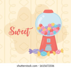 sweet products bubble gum machine and candies vector illustration