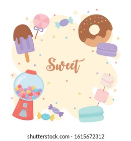 sweet products donut ice cream bubble gum machine candies caramel vector illustration