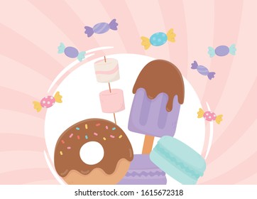 sweet products donut ice cream marshmallow biscuits and candies vector illustration