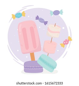 sweet products ice cream marshmallow macaron and candies vector illustration