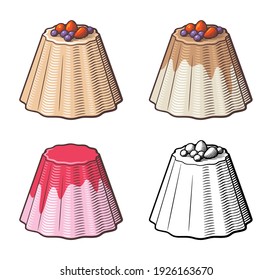 Sweet pudding with berries and syrup. Retro style vector illustration. Outline black and white and colored version