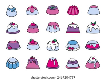 Sweet pudding cake with fruits, cream, strawberry. Pastry and dessert. Hand drawn style. Vector drawing. Collection of design elements.