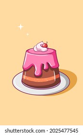 Sweet Pudding With Cherry Cartoon Illustration