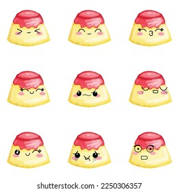Sweet pudding emoticon character isolated on white background