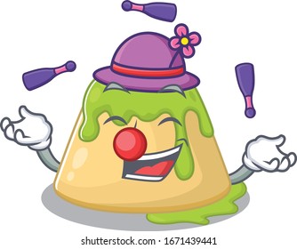 A sweet pudding green tea mascot cartoon style playing Juggling