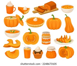 Sweet Pumpkin Nutrition with Cupcake, Porridge, Pie, Bread, Soup and Jam in Jar with Raw Orange Crop Big Vector Set