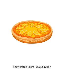 Sweet pumpkin pie and oranges vector illustration  Cartoon drawing whole pie and fruits white background  Autumn  Thanksgiving day  desserts concept