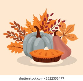 Sweet pumpkin pie with pumpkins and fall leaves. Happy Thanksgiving. Design for holiday invitation card, poster, banner, card, print. Vector illustration