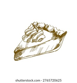 Sweet pumpkin pie slice with cream on top ink graphics. Hand drawn engraved clipart with fall seasonal bakery for product packing ,poser, logo design. Outline monochrome painting.