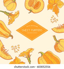 Sweet pumpkins. Vector background with hand drawn vegetables. Floral doodle illustration with orange gourds, seeds and flowers.