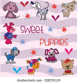 sweet puppies with flowers and hearts vector illustration