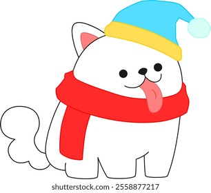 Sweet Puppy Wearing  Knitted Hat And Scarf Vector Illustration