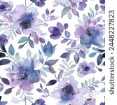 Sweet purple flowers with green leave watercolor seamless pattern. Soft pastel colors water color seamless pattern for beauty products or other.