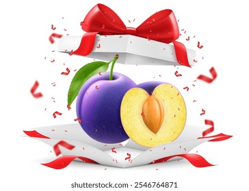 Sweet purple plums in open gift box with a red bow isolated on transparent background. Delicious sweet fruit. Realistic 3d vector illustration. Summer design. Healthy food,