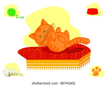 The sweet pussy cat rests upon soft mattress.