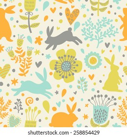 Sweet rabbits in hearts and flowers. Cute childish seamless pattern in cartoon style. Seamless pattern can be used for wallpapers, pattern fills, web page backgrounds, surface textures