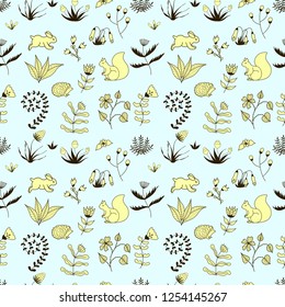 Sweet rabbits, squirrels and hedgehogs in hearts and flowers. Seamless pattern can be used for wallpapers, pattern fills, web page backgrounds, surface textures