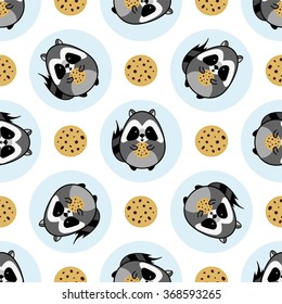Sweet raccoon with cookie vector seamless pattern illustration on light colored background. Cartoon flat style. For scrapbook paper, cotton textile or your design 