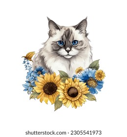 Sweet Ragdoll Cat mit Sonnenblumen Aquarell Vektorgrafik