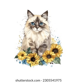 Sweet Ragdoll Cat with Sunflowers Watercolor Vector Illustration