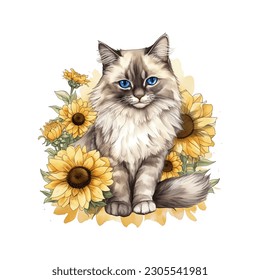 Sweet Ragdoll Cat with Sunflowers Watercolor Vector Illustration