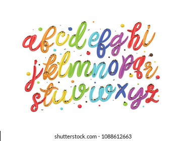 Sweet rainbow alphabet. Birthday concept. Dessert letters. Vector. 