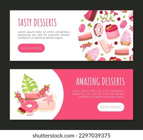 Sweet Raspberry Dessert Banner Design with Creamy Cake and Donut Vector Template