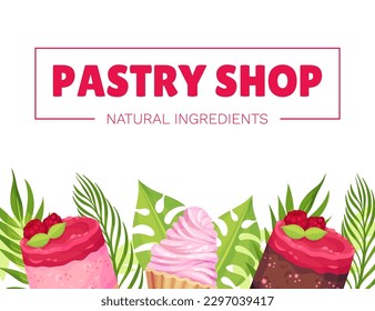 Sweet Raspberry Dessert Banner Design mit cremiger Cake-Vektorvorlage