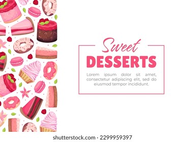 Sweet Raspberry Dessert Banner Design with Creamy Cake and Donut Vector Template