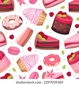 Sweet Raspberry Dessert Seamless Pattern Design with Creamy Cake and Donut Vector Template