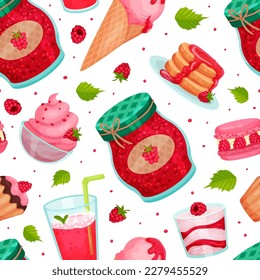 Sweet Raspberry Food Seamless Pattern Design with Pink Sugary Dessert Vector Template