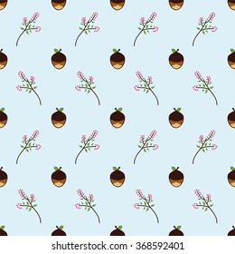 Sweet raspberry with hazelnut vector seamless pattern illustration on light colored background. Cartoon flat style. For scrapbook paper, cotton textile or your design 