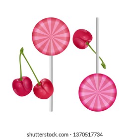The sweet realistic lollipops in pink color. Sweet lollipops of round shape with cherry flavor. Vector illustration.