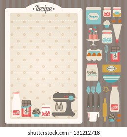 Sweet recipe vector card template + kitchen design elements