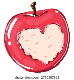Maçã vermelha doce com uma marca de mordida em forma de coração. Ilustração vetorial bonito para o Dia dos Namorados, conceitos de comida saudável e adesivos românticos