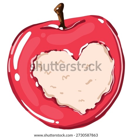Sweet red apple featuring a bite mark in the shape of a heart. Cute vector illustration for Valentine's Day, healthy food concepts, and romantic stickers