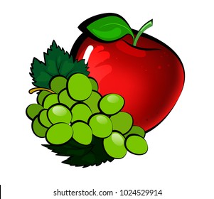 Sweet red apple and white grape isolated. Vector volume fruit with stroke