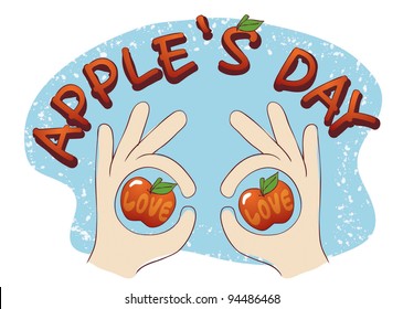 Sweet Red Apples with Finger on blue background
