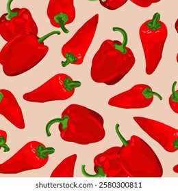 Sweet red bell peppers with red chili peppers. Hand drawn seamless pattern. Tasty bell peppers in cartoon sketchy style. Vector food illustration.