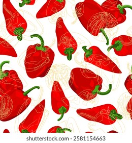 Sweet red bell peppers with red chili peppers on light background. Hand drawn seamless pattern. Tasty bell peppers in cartoon sketchy style. Vector food illustration.