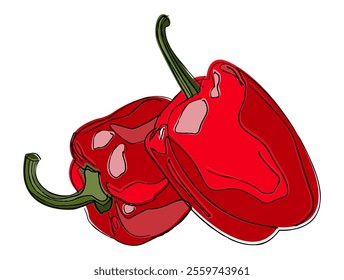 Sweet red bell peppers isolated on white background. Tasty bell peppers in Hand Drawn Cartoon style. Vector illustration