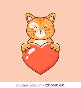 Sweet red cat holding heart love in cartoon style. Vector illustration