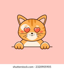 Sweet red cat in love with heart eyes in cartoon style. Vector illustration