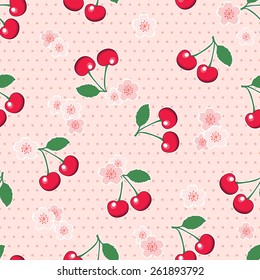 Sweet, red cherries with blossoms, on retro style pink polka dot background. Seamless design. EPS10 vector format.