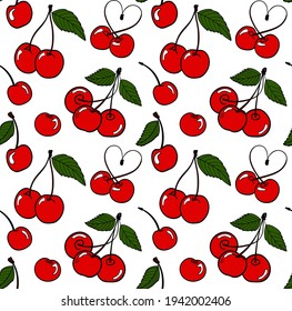 Sweet red cherries. Seamless pattern with berries on the white background.
