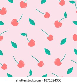 Sweet red cherry with green leaves on a pink background. Floral seamless pattern.