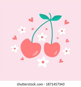 Sweet red cherry with white sakura flowers and red hearts on a pink background. Floral card for Valentine's Day. 