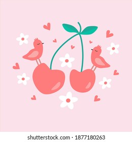 Sweet red cherry with white sakura flowers, red hearts and cute red birds on a pink background. Love card for Valentine's Day. 